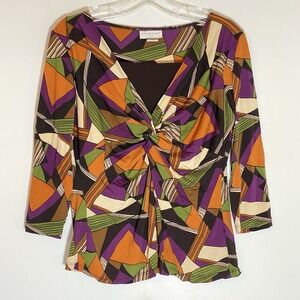 Kim Rogers Petite Top Womens PM Orange Multicolor Geometric V Neck 3/4 Retro Y2K